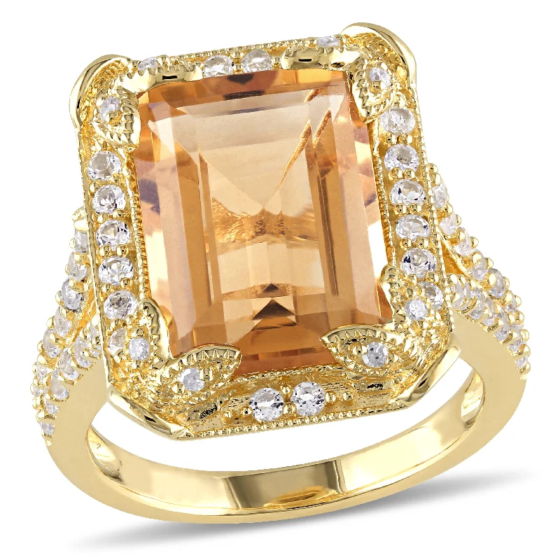 Rings with sunstone gems for fiery sparkle -Mimi & Max 7 3/5ct TGW Emerald Cut Citrine, White Topaz and Diamond Halo Leaf Ring Yellow Sterling Silver