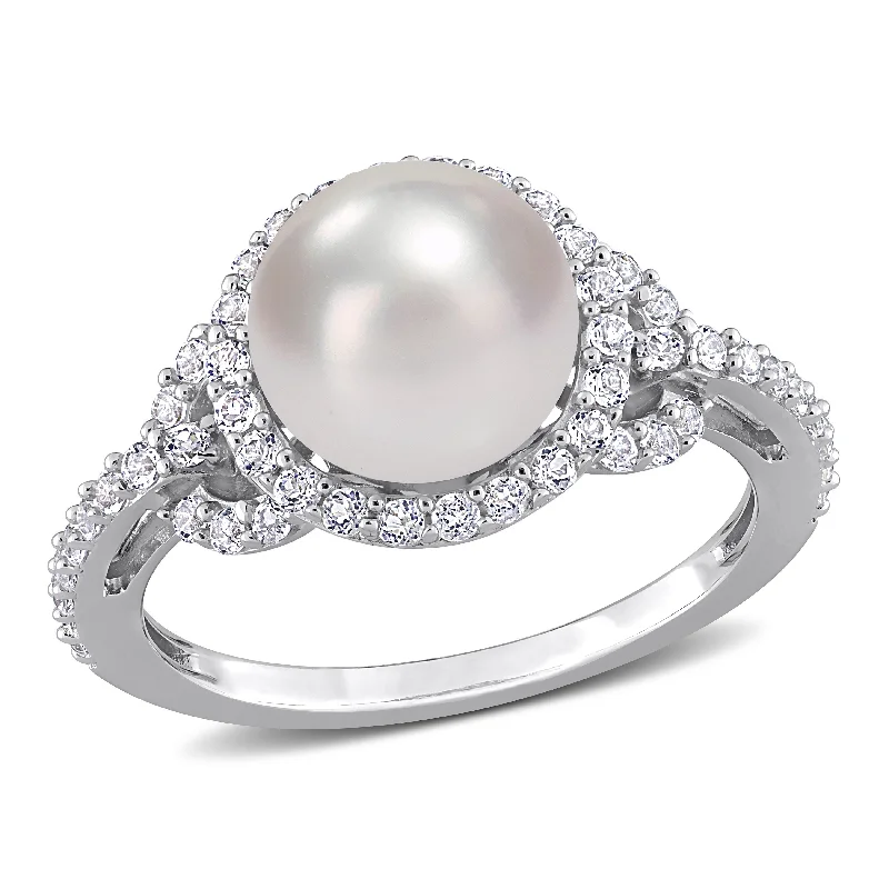 Rings with spiral designs for eye-catching twist -Mimi & Max 8.5-9mm Cultured Freshwater Pearl and 3/4ct TGW White Topaz Halo Ring in Sterling Silver