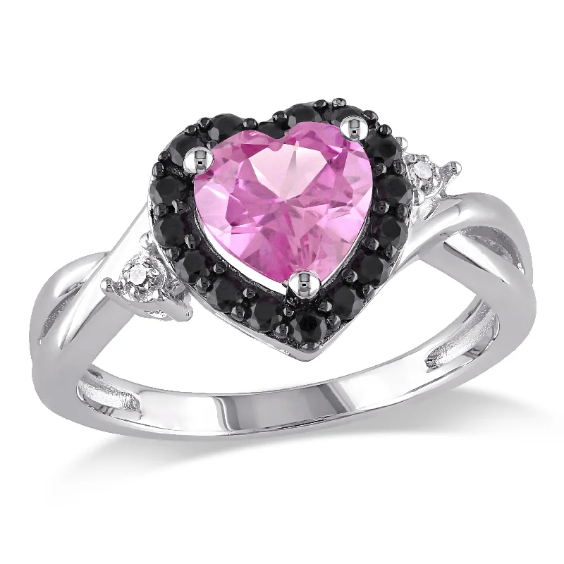 Rings with aventurine gems for green luck -Mimi & Max Created Pink Sapphire, Black Spinel and Diamond Heart Ring in Sterling Silver