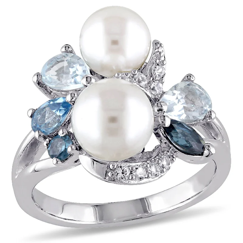 Rings with vintage-inspired emerald for luxury -Mimi & Max London Swiss Sky Blue Topaz Created White Sapphire Cultured Freshwater Pearl Ring in Sterling Silver