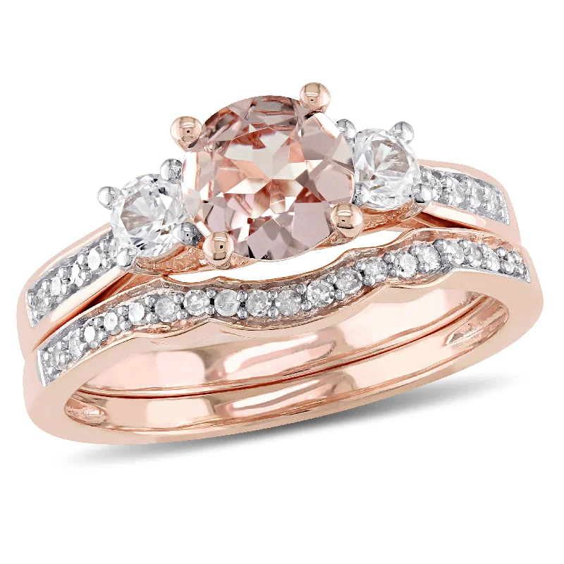 Rings with coral stones for vibrant pop -Mimi & Max Morganite, Created White Sapphire and 1/7ct TW Diamond 3-Stone Bridal Ring Set in 10k Rose Gold