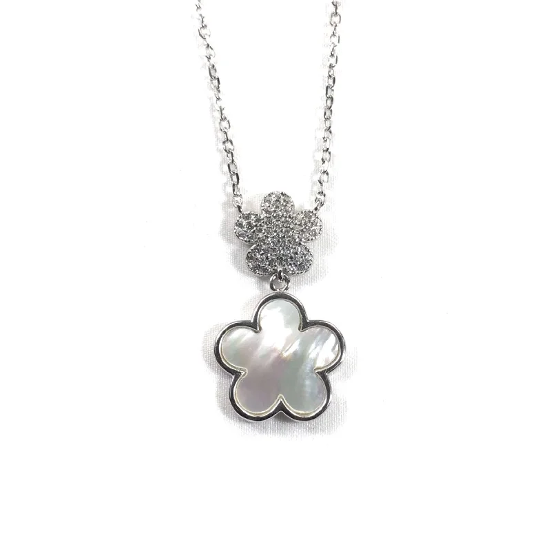 Trendy necklaces and pendants with statement pieces for a bold fashion statement-Small CZ Flower With Mother Of Pearl Flower Necklace