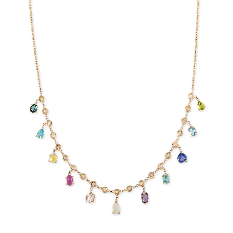 Best necklaces and pendants with rose gold for a warm and romantic appeal-MULTI SHAPE GEMSTONE + DIAMOND SHAKER NECKLACE