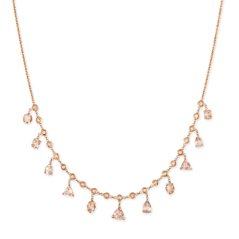 Elegant necklaces and pendants with infinity symbols for timeless designs-MULTI SHAPE MORGANITE + DIAMOND SHAKER NECKLACE