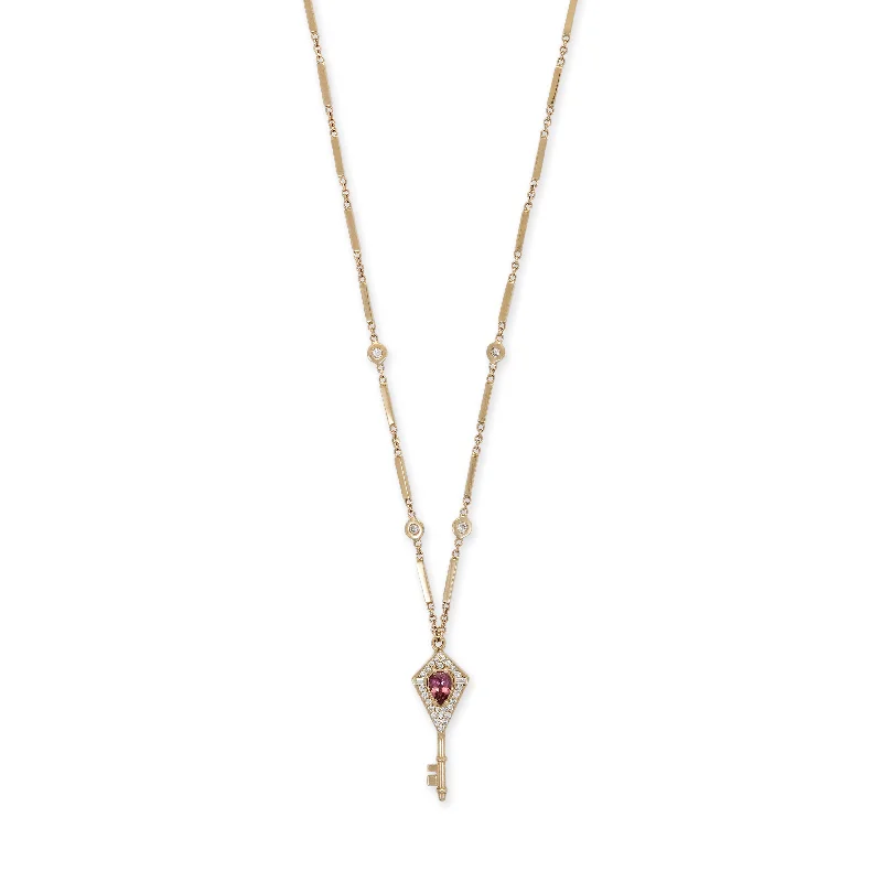 Necklaces and pendants with clear quartz for a pure and radiant look-PAVE + BAGUETTE DIAMOND GEMSTONE KEY SMOOTH BAR NECKLACE