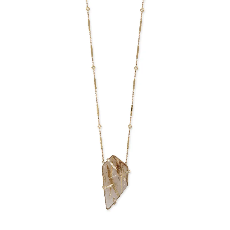 Unique necklaces and pendants with gemstones for a colorful and vibrant statement-PAVE CLAW LARGE RUTILATED QUARTZ CRYSTAL SMOOTH BAR NECKLACE