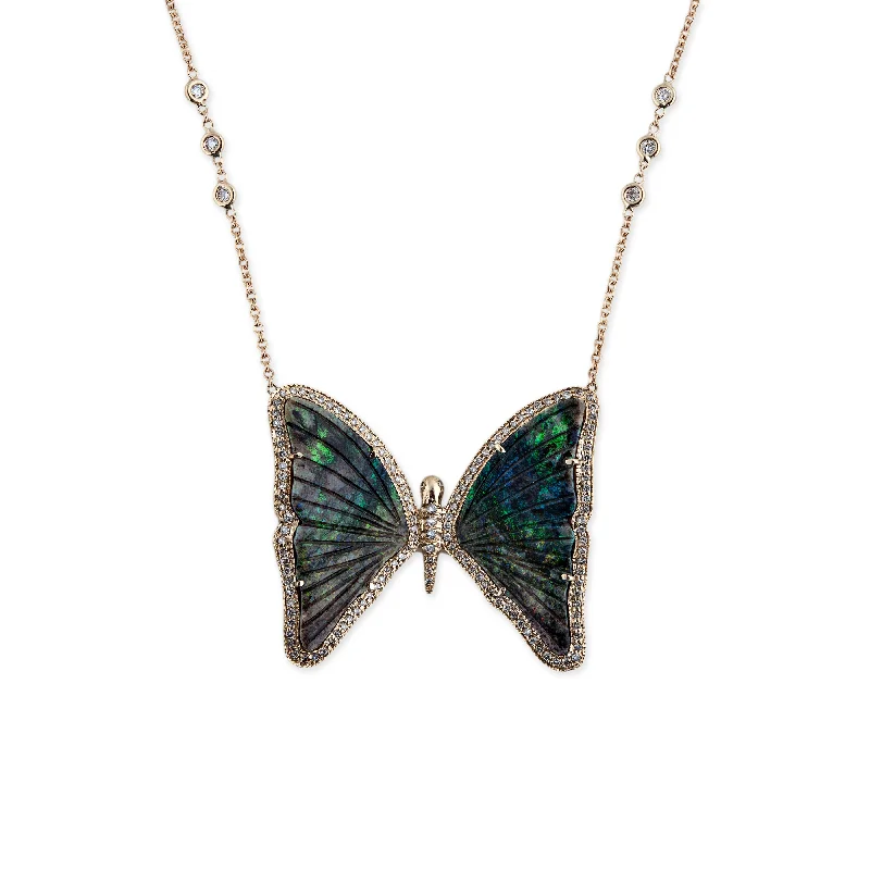 Layered necklaces and pendants for a trendy and fashionable stacked look-PAVE DIAMOND GREEN OPAL BUTTERFLY NECKLACE