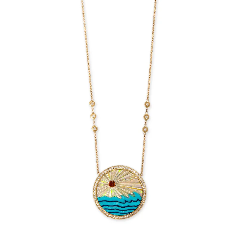 Stunning necklaces and pendants with birthstone pendants for a personal touch-PAVE ROUND OPAL RAYS + TURQUOISE WAVES INLAY NECKLACE