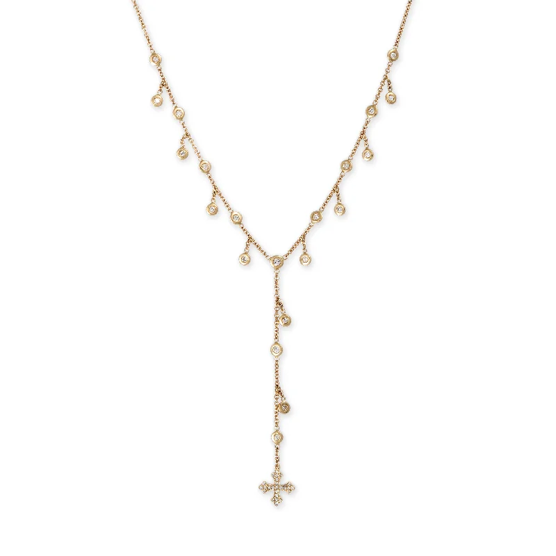 Beautiful necklaces and pendants with geometric shapes for a modern, artistic design-PAVE SQUARE CROSS BOTTOM + SHAKER DIAMOND Y NECKLACE