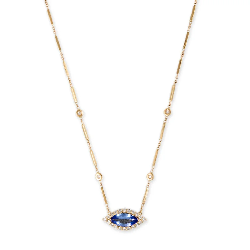 Stunning necklaces and pendants with ruby gemstones for a luxurious red hue-PAVE TANZANITE CENTER EYE DIAMOND SMOOTH BAR NECKLACE