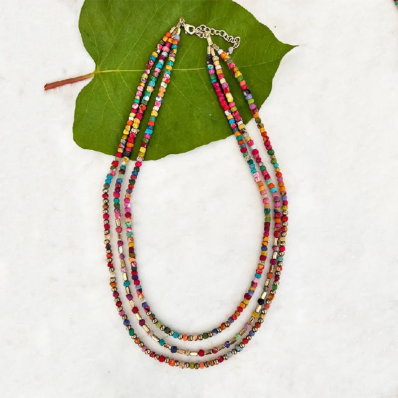 Trendy necklaces and pendants with geometric shapes for a modern aesthetic-Recycled Sari Mini Bead Necklace, India