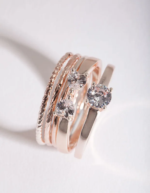 Simple rings with polished black onyx shine -Rose Gold Cubic Zirconia 5 Band Ring Stack