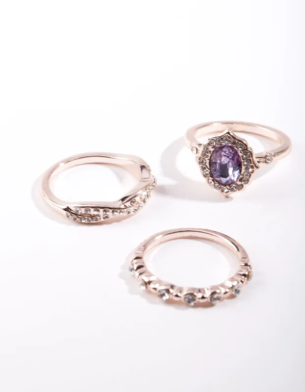 Rings with citrine stones for sunny vibes -Rose Gold Purple Stone Ring Stack