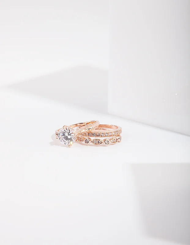 Rings with vintage-inspired rose-cut diamonds -Rose Gold Round Stone Triple Band Ring