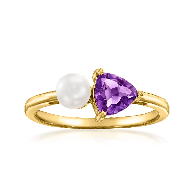 Rings with bold ruby stones for drama -Ross-Simons 5mm Cultured Pearl and . Amethyst Toi Et Moi Ring in 14kt Yellow Gold