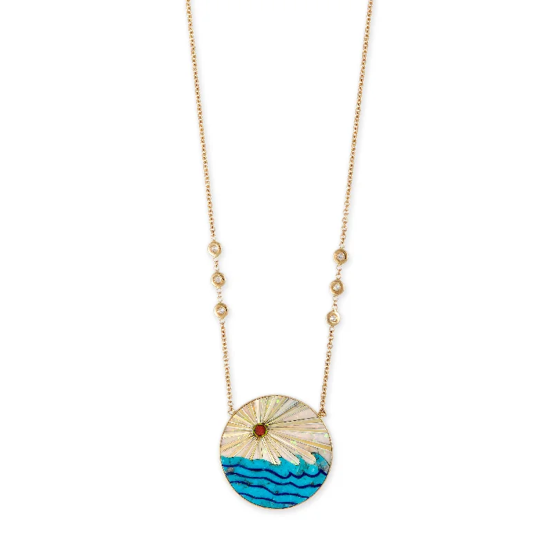 Best necklaces and pendants with zodiac signs for a celestial, astrology-inspired vibe-ROUND OPAL RAYS + TURQUOISE WAVES INLAY NECKLACE