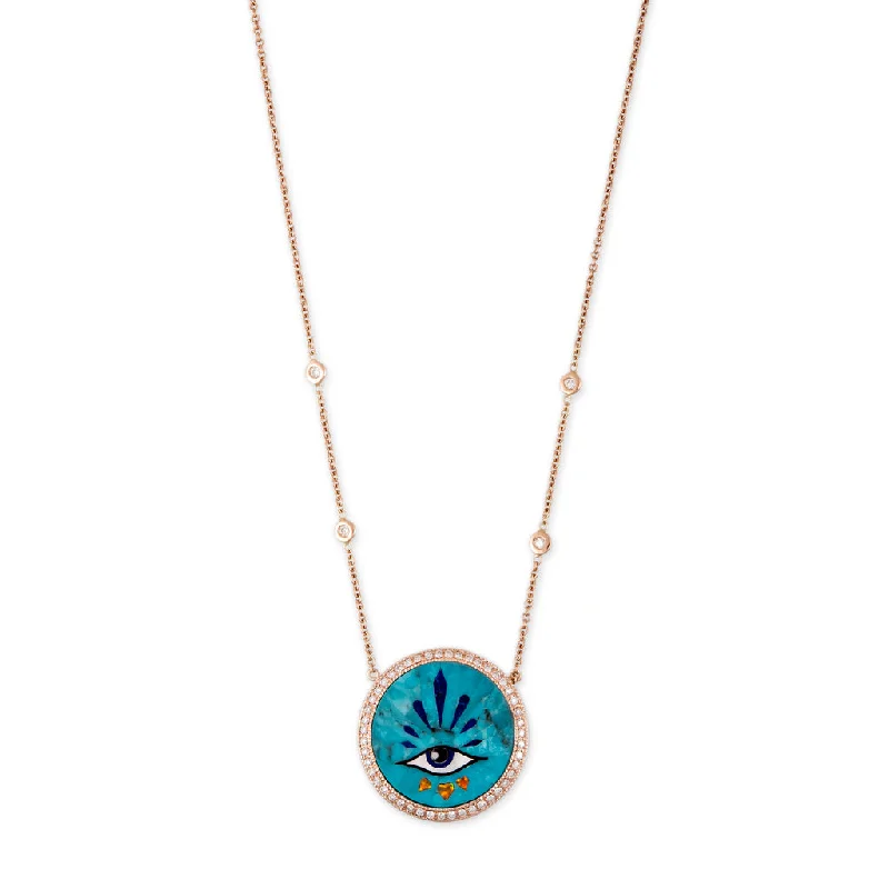 Beautiful necklaces and pendants with moon and star charms for a dreamy effect-SMALL PAVE 3 HEARTS EYE BURST TURQUOISE INLAY NECKLACE