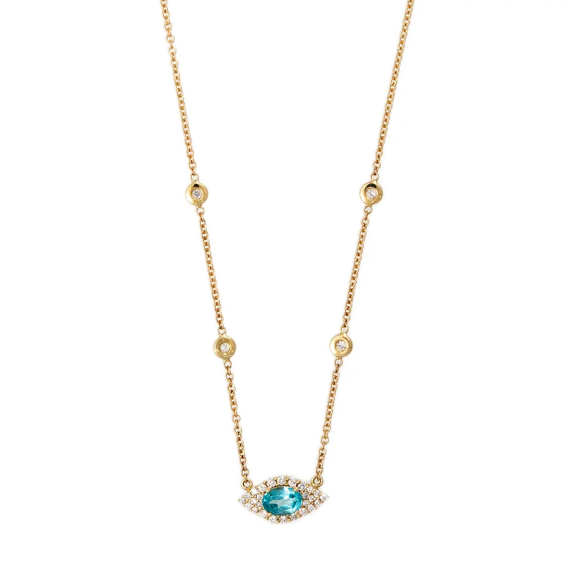 Layered necklaces and pendants for a trendy and fashionable stacked look-SMALL PAVE APATITE OVAL CENTER EYE DIAMOND NECKLACE