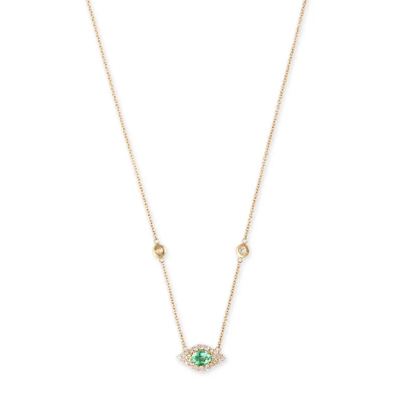 Beautiful necklaces and pendants with moonstone for an ethereal, mystical appearance-SMALL PAVE EMERALD OVAL CENTER EYE DIAMOND NECKLACE