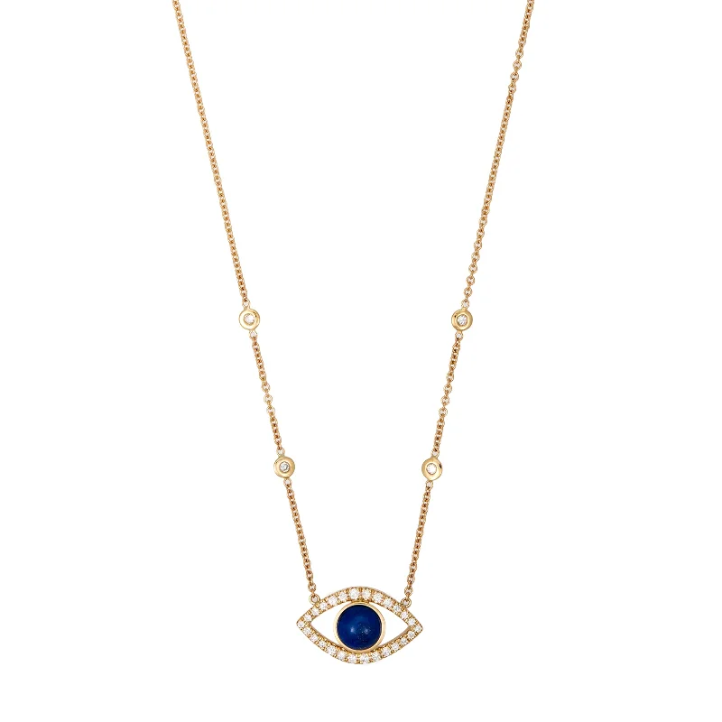 Best necklaces and pendants with statement designs for a fashionable accessory-SMALL PAVE LAPIS CENTER OPEN EYE DIAMOND NECKLACE