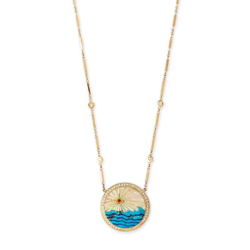 Best necklaces and pendants with rose gold for a warm and romantic appeal-SMALL PAVE ROUND OPAL RAYS + TURQUOISE WAVES INLAY SMOOTH BAR NECKLACE