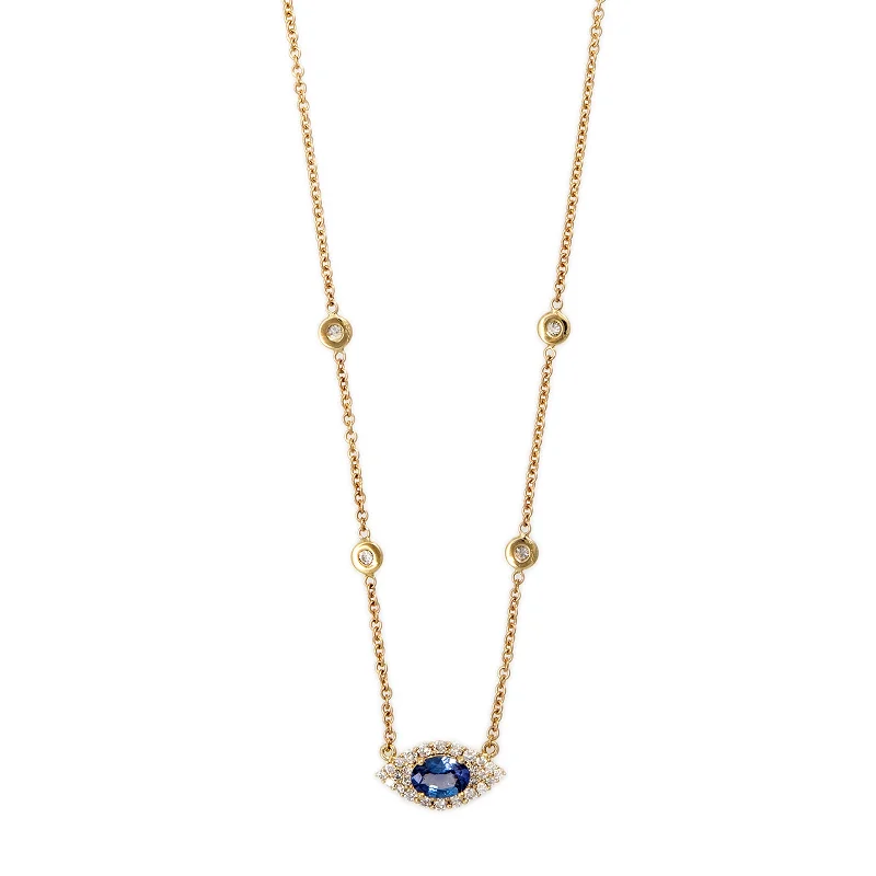 Best necklaces and pendants with zodiac signs for a celestial, astrology-inspired vibe-SMALL PAVE TANZANITE OVAL CENTER EYE DIAMOND NECKLACE