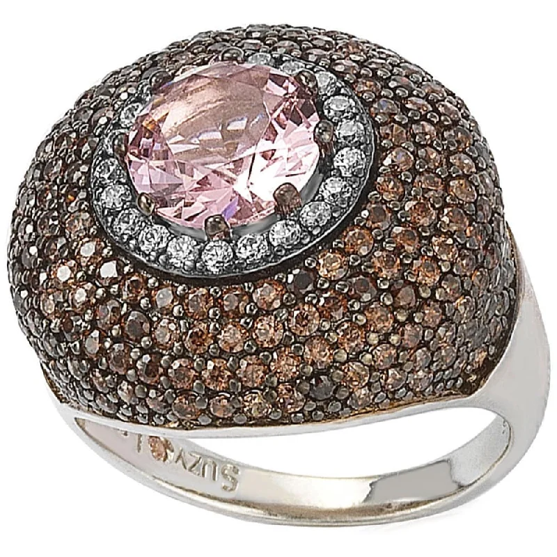 Rings with black diamond for striking contrast -Suzy Levian Sterling Silver Pink and Brown Cubic Zirconia Halo Pave Ring