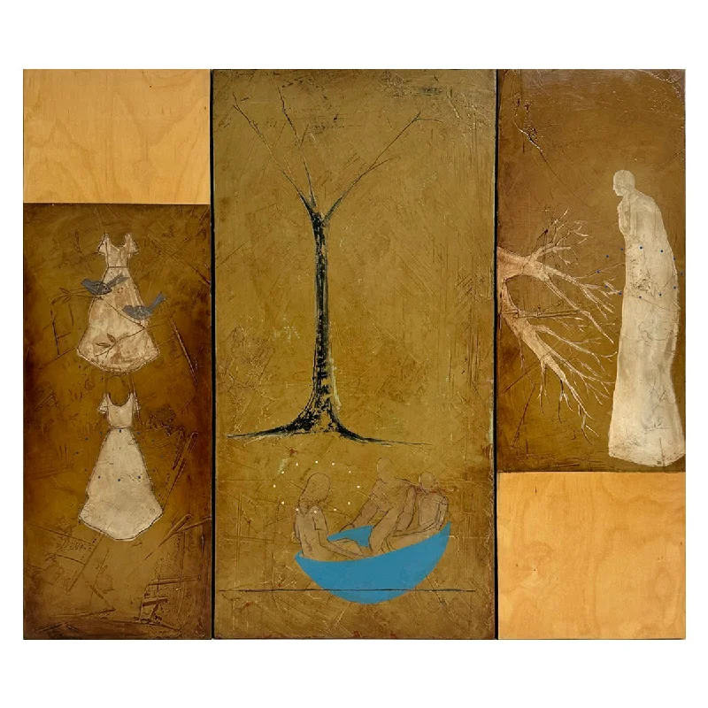 Necklaces and pendants with sun and moon motifs for a celestial-inspired design-"Tree, Large Man and Two Dresses" Triptych Signed and Dated 2004