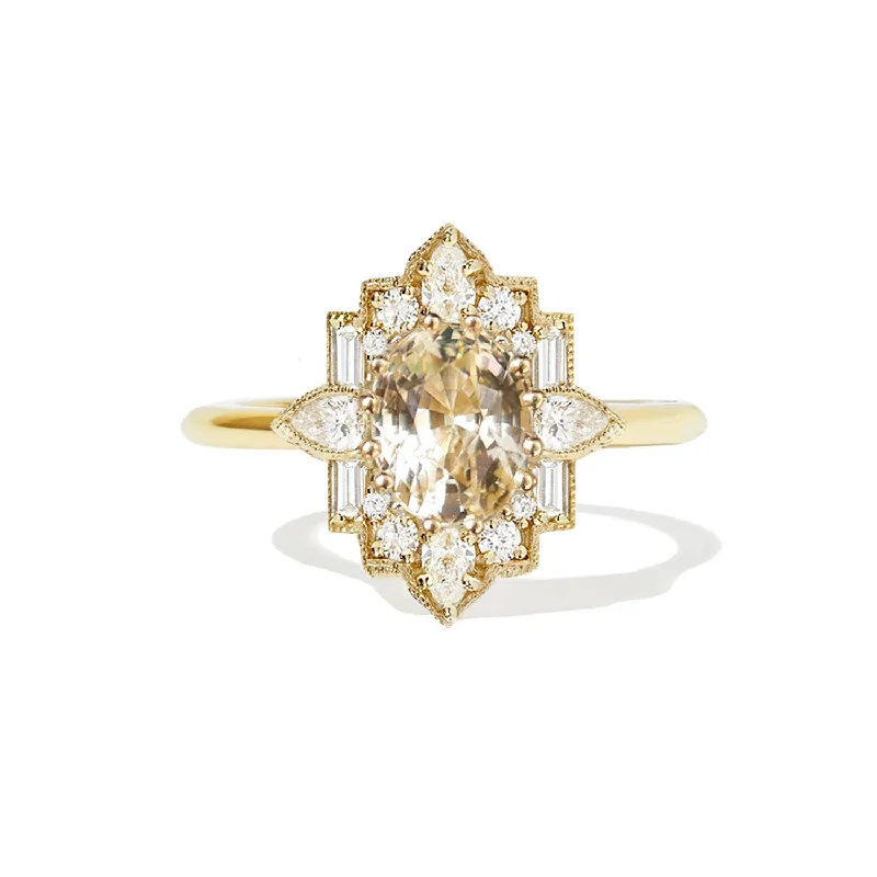 Rings with sunburst citrine for radiant appeal -Oval Yellow Sappire Deco Emerald & Pear Diamond Mosaic Ring